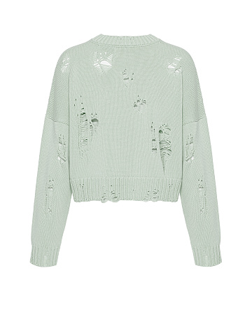 Мятный укороченный свитер из хлопка с дырками, 2