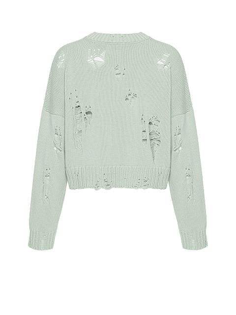 Мятный укороченный свитер из хлопка с дырками, 2