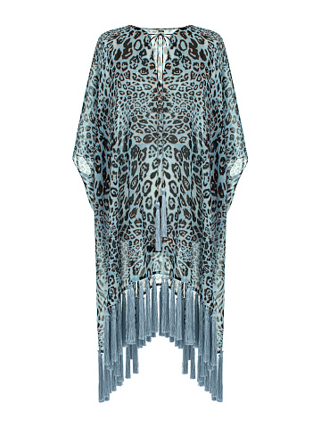 Голубая туника из шифона с леопардовым принтом и бахромой, 1