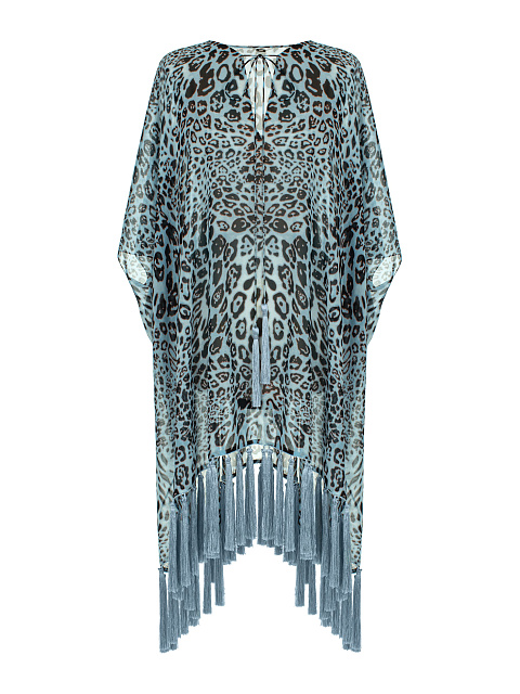 Голубая туника из шифона с леопардовым принтом и бахромой, 1