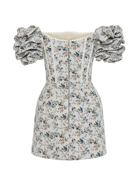 Серое платье-мини из хлопка с цветочным принтом, 2