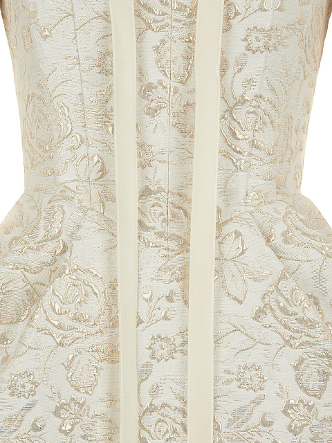 Платье-миди из бежевой парчи с золотистыми цветами, 3