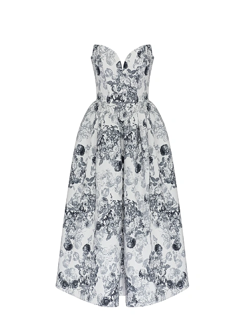 Белое платье-миди из хлопка с черным цветочным принтом, 1