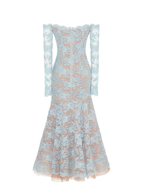 Платье-миди с открытыми плечами из голубого кружева, 2