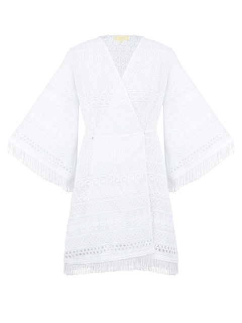 Белое кружевное платье-мини с бахромой, 1
