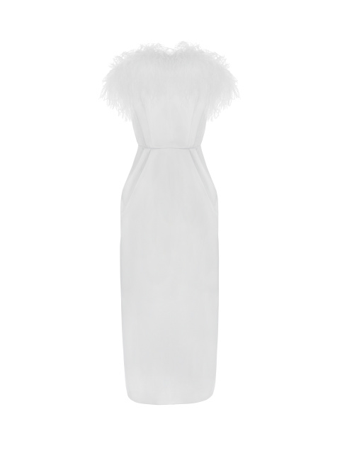 Белое платье-миди с боа из перьев, 1