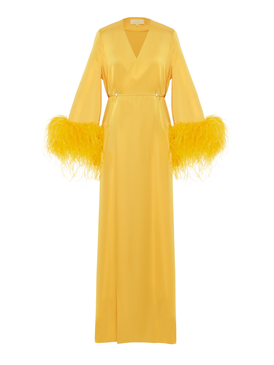 Желтое атласное платье-макси с боа на рукавах, 1
