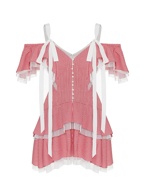 Красное платье-мини из хлопка в клетку, 1