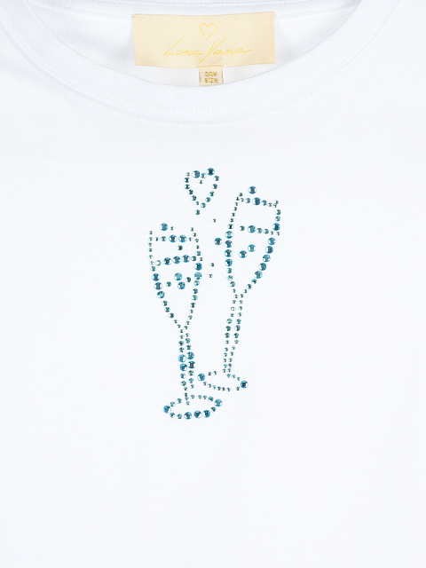 Белая хлопковая футболка с голубыми стразами, 3