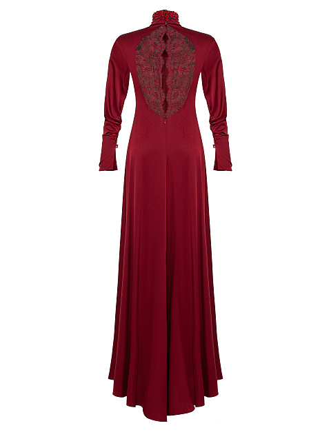 Красное платье-макси из шелка со стразами и кружевом, 3