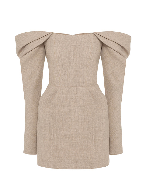 Бежевое платье-мини с открытыми плечами из льна, 1 Бежевое платье-мини с открытыми плечами из льна, 1