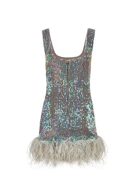 Серое бархатное платье-мини в неоновых пайетках с боа, 2 Серое бархатное платье-мини в неоновых пайетках с боа, 2