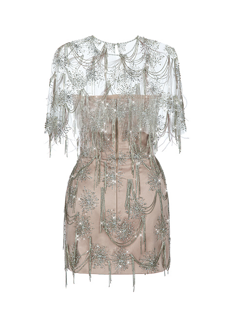 Бежевое платье-мини с перьями и стразами, 2