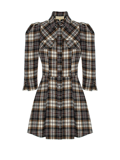 Коричнево-серое шерстяное платье-мини в клетку, 1