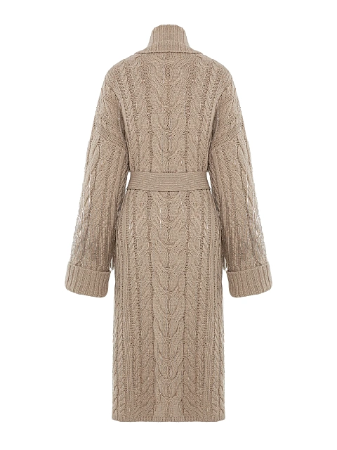 Бежевое вязаное пальто с бахромой из бисера, 2