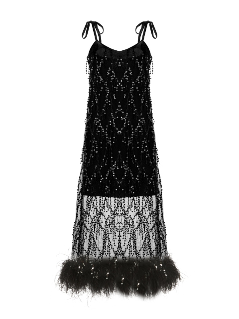 Черное платье-миди с серебристыми пайетками и боа, 1