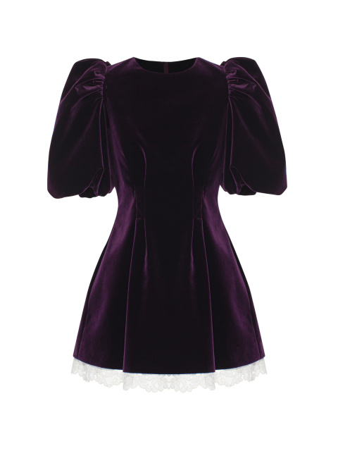 Фиолетовое платье-мини из бархата с кружевом, 1