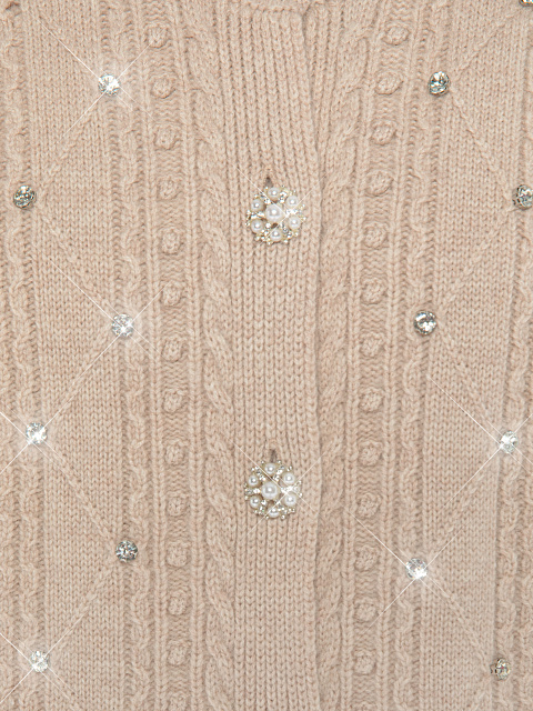 Бежевый удлиненный кардиган из шерсти со стразами, 3
