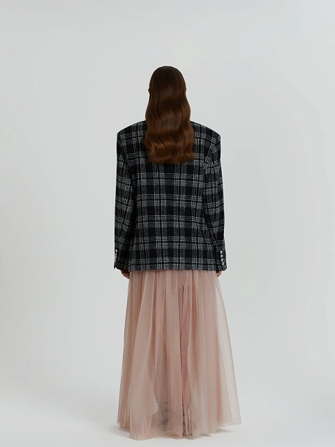 Черный объемный жакет в белую клетку, 7