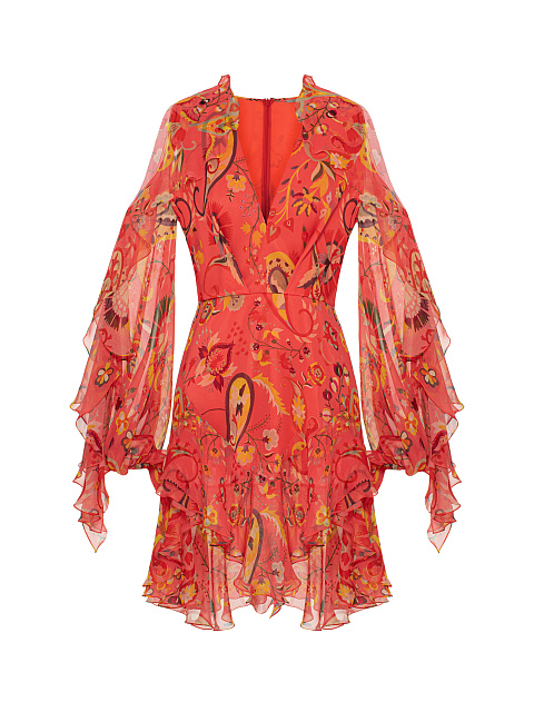 Красное платье-мини из шифона с принтом, 1