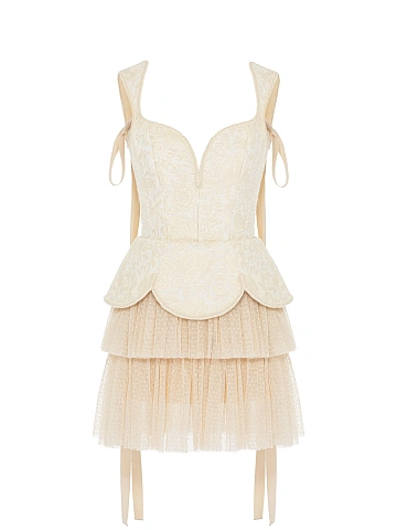 Бежевое платье-мини из льна с цветочной вышивкой и сетки в горошек, 1