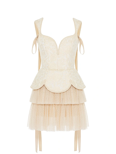 Бежевое платье-мини из льна с цветочной вышивкой и сетки в горошек, 1