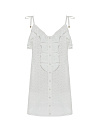 Платье мини белое из хлопкового шитья с рюшами, бретели на завязках, пуговицы по планке