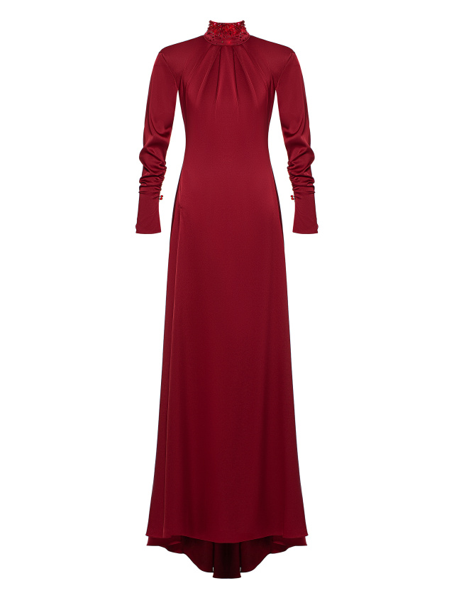 Красное платье-макси из шелка со стразами и кружевом, 2