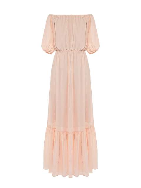 Персиковое платье-макси с открытыми плечами, 1