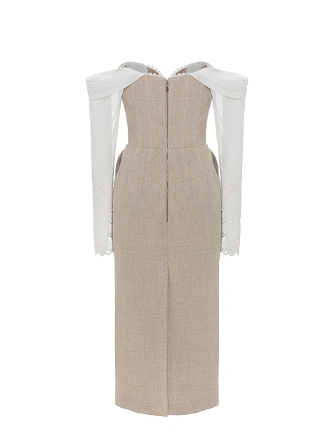 Бежевое платье из льна с кружевными рукавами, 2