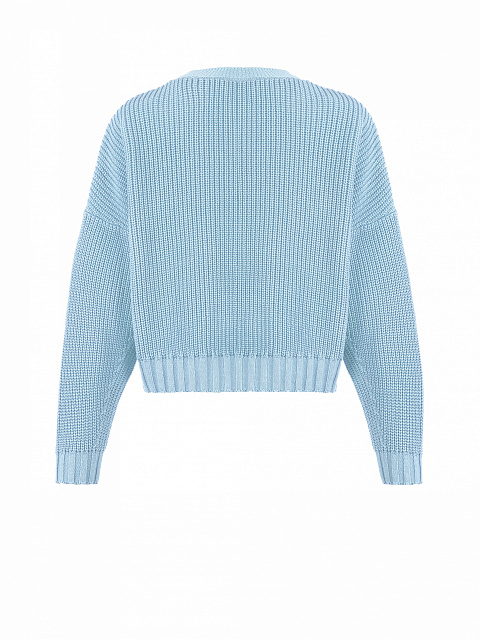 Голубой вязаный комплект из топа и кардигана с белыми пуговицами, 5