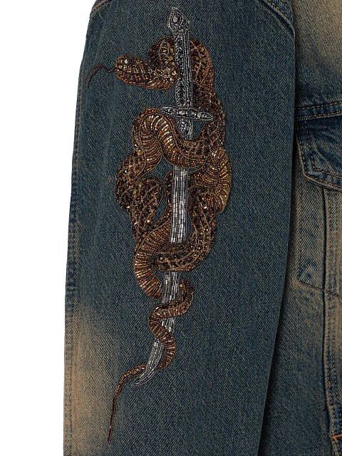 Синяя джинсовая куртка с разводами и вышивкой бисером, 4