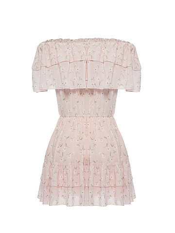 Светло-розовое шифоновое платье-мини с открытыми плечами, 2