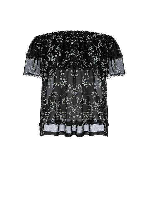 Черный шифоновый топ с открытыми плечами и цветочным принтом, 1 Черный шифоновый топ с открытыми плечами и цветочным принтом, 1