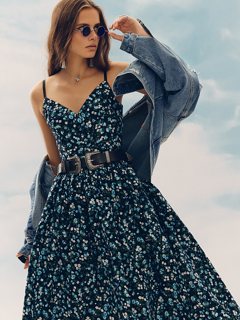 Темно-синее хлопковое платье-миди с цветочным принтом, 5 Темно-синее хлопковое платье-миди с цветочным принтом, 5