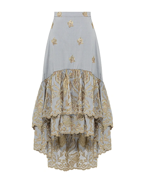 Серая юбка-миди из жаккарда с золотистым узором, 1