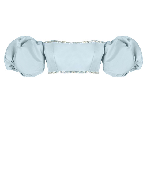 Голубой атласный топ с рукавами-фонариками и стразами, 1