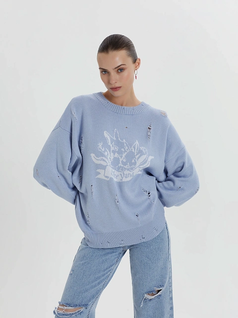 Лавандовый свитер из хлопка с принтом и дырками, 4