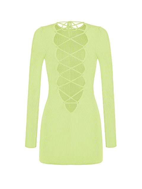 Салатовое трикотажное платье-мини со шнуровкой на спине, 2