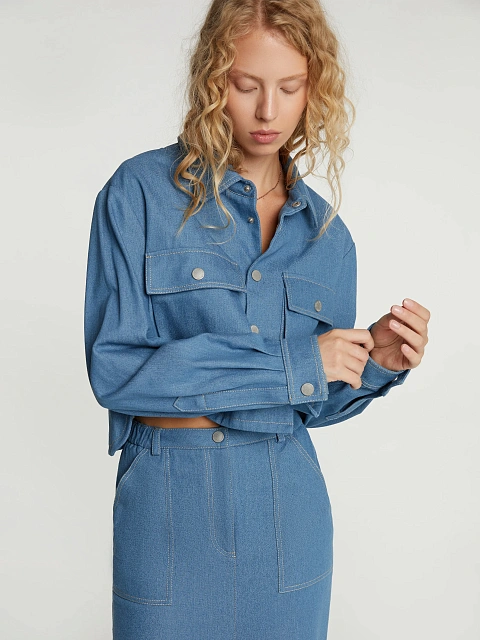 Синий костюм с юбкой-миди из денима, 6 Синий костюм с юбкой-миди из денима, 6