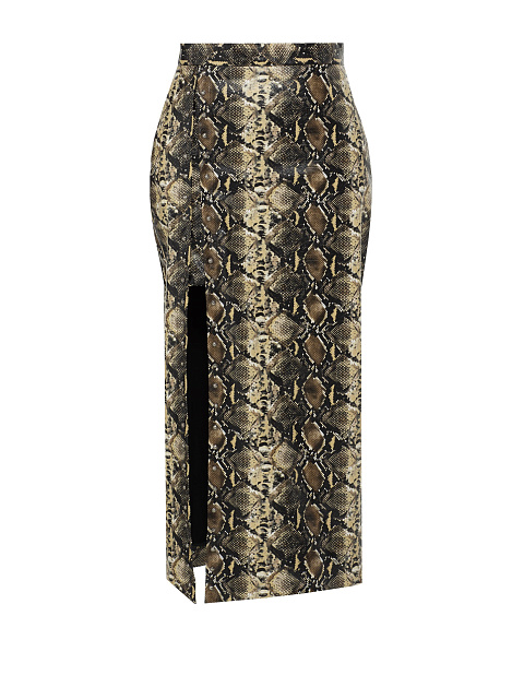 Бежевая юбка-миди из эко-кожи с разрезом, 1