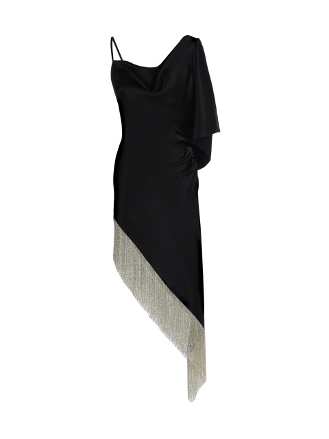 Черное асимметричное платье с бахромой из бисера, 1