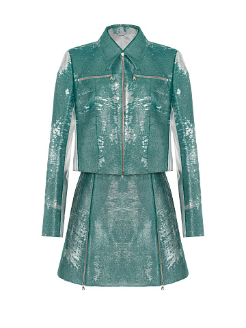 Бирюзовый кожаный комплект из укороченного жакета и юбки-мини, 1