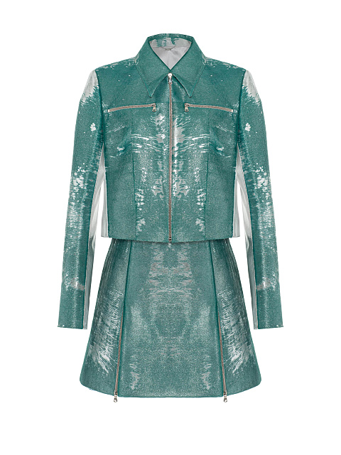 Бирюзовый кожаный комплект из укороченного жакета и юбки-мини, 1