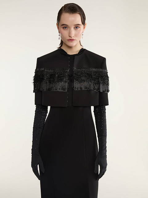 Черный укороченный жакет с бахромой из бисера, 3