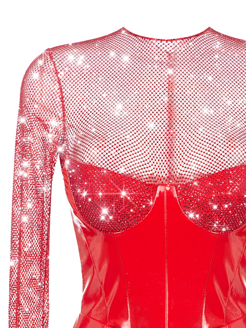Красное лакированное платье-мини с сеткой, 3