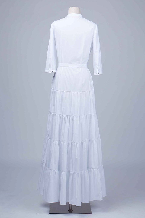 Платье-рубашка из белого хлопка , отрезная талия, четыре яруса, рукав 3/4, 1