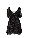 Платье-мини из черного хлопка в цветочек, рукава-воланы, лиф со сборкой, А-силуэт, волан по низу