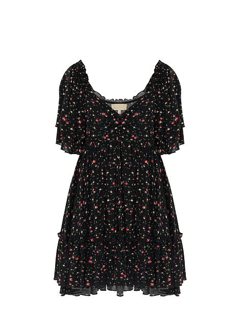 Черное платье-мини из хлопка с цветочным принтом и воланами, 1