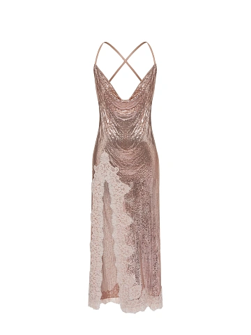 Розовое платье-миди из кольчуги с кружевом и бисером, 1